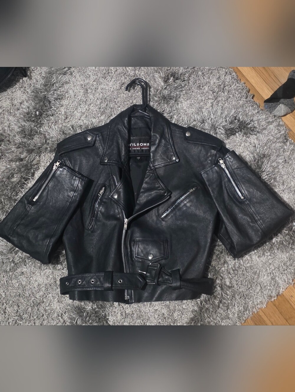 *Wilson Black Leather Cropped Moto Jacket w Belt* Large EUC